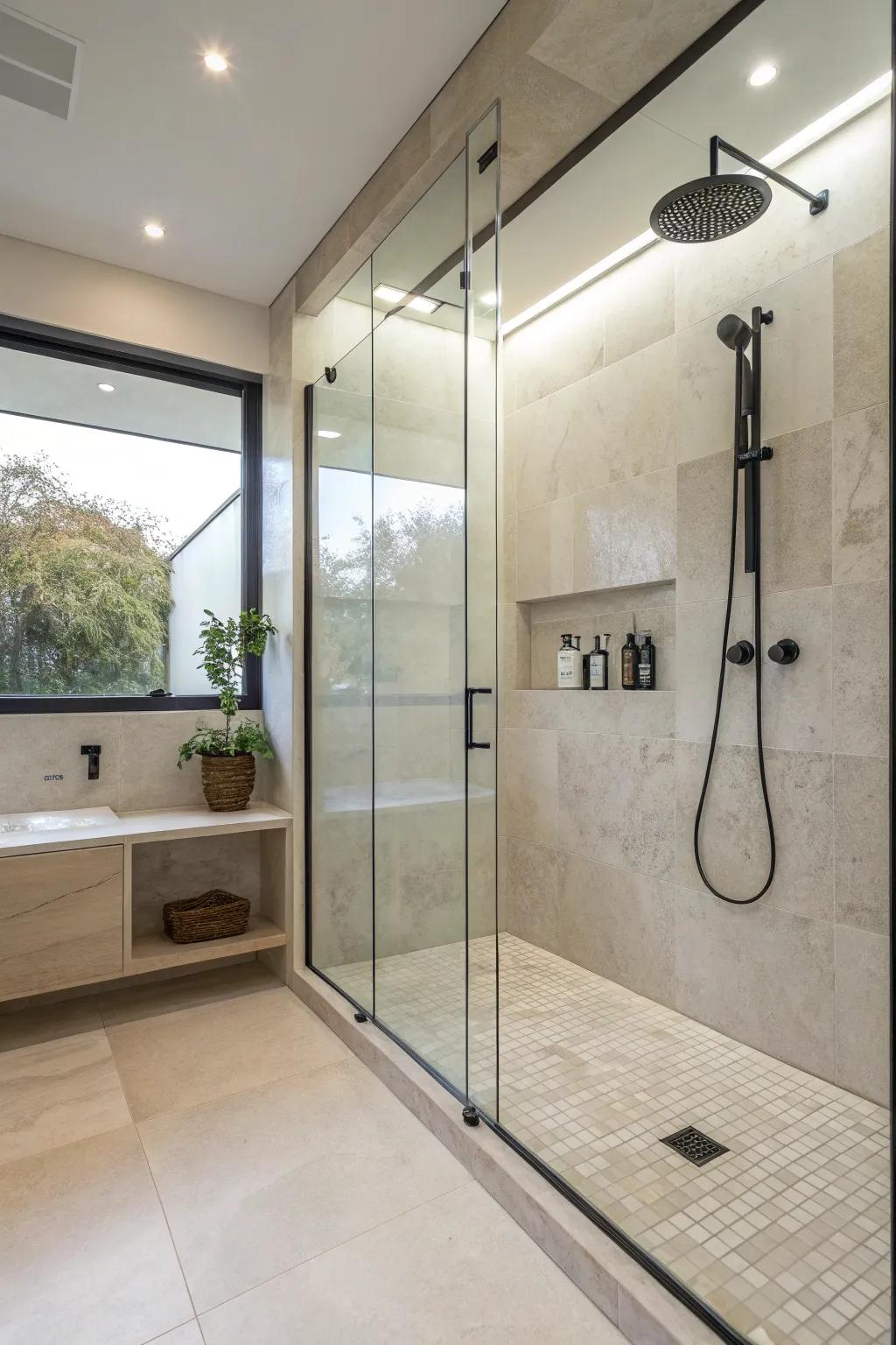 An elegant walk-in shower that embodies contemporary style.