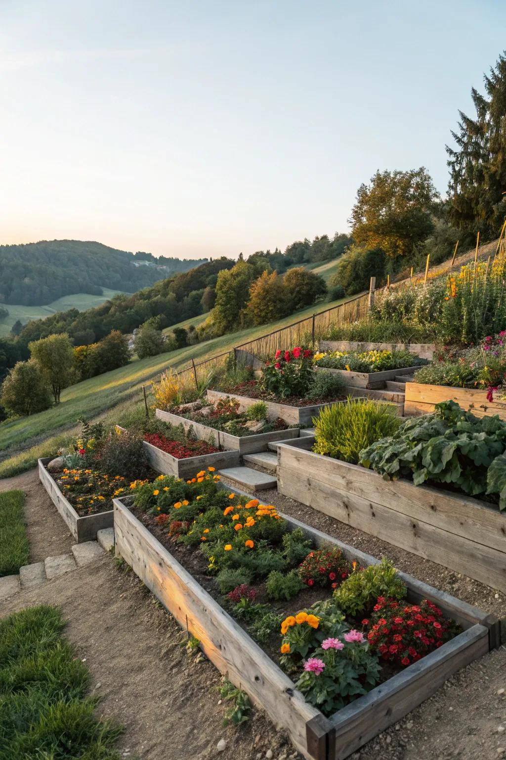 Layered elevated beds streamline gardening on a slope.