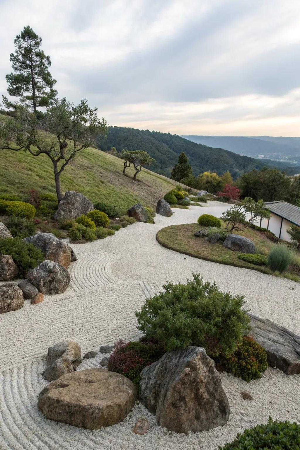 A Zen rock garden imparts peace and simplicity to your slope.