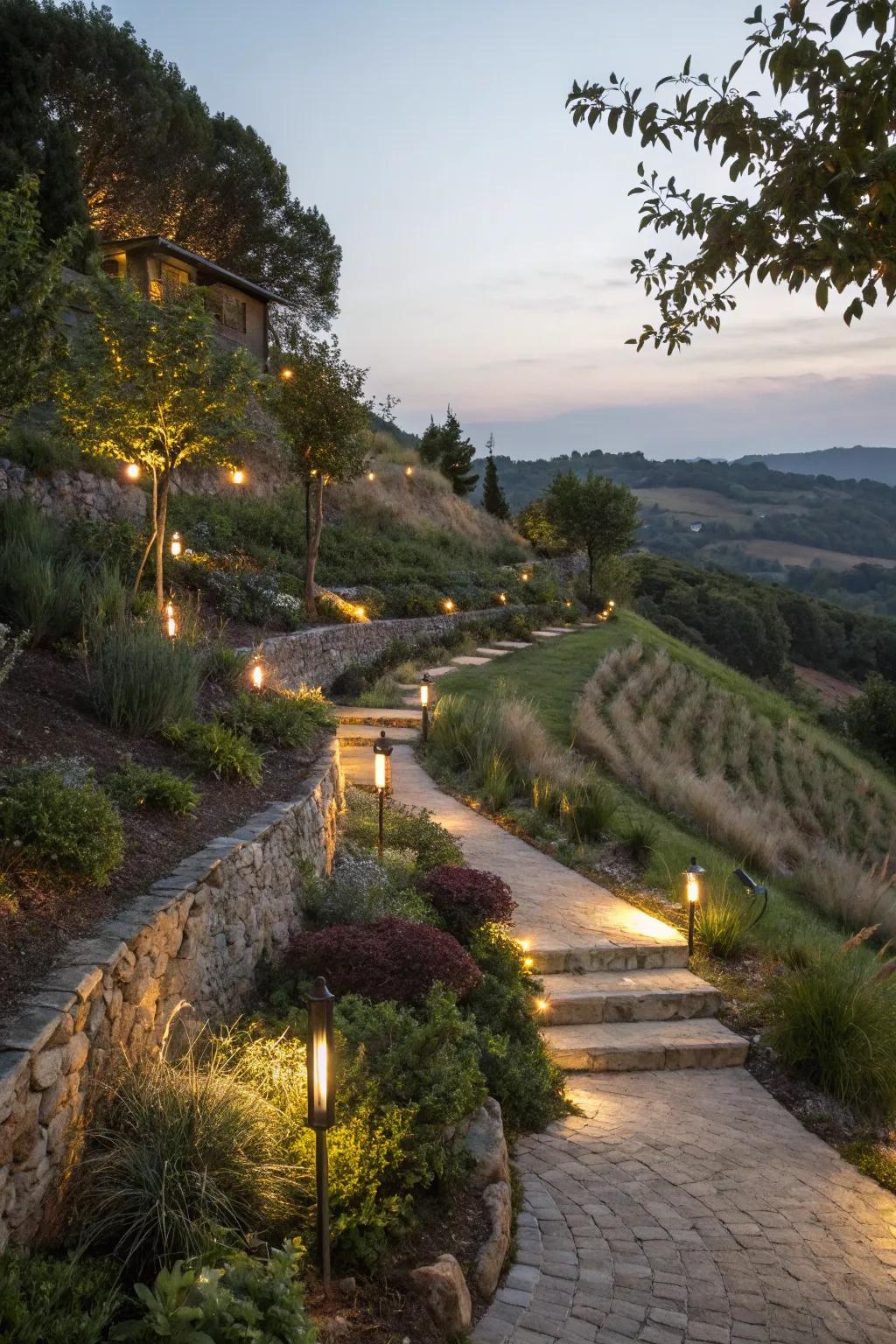 Inventive lighting enhances the beauty and safety of your sloping yard.