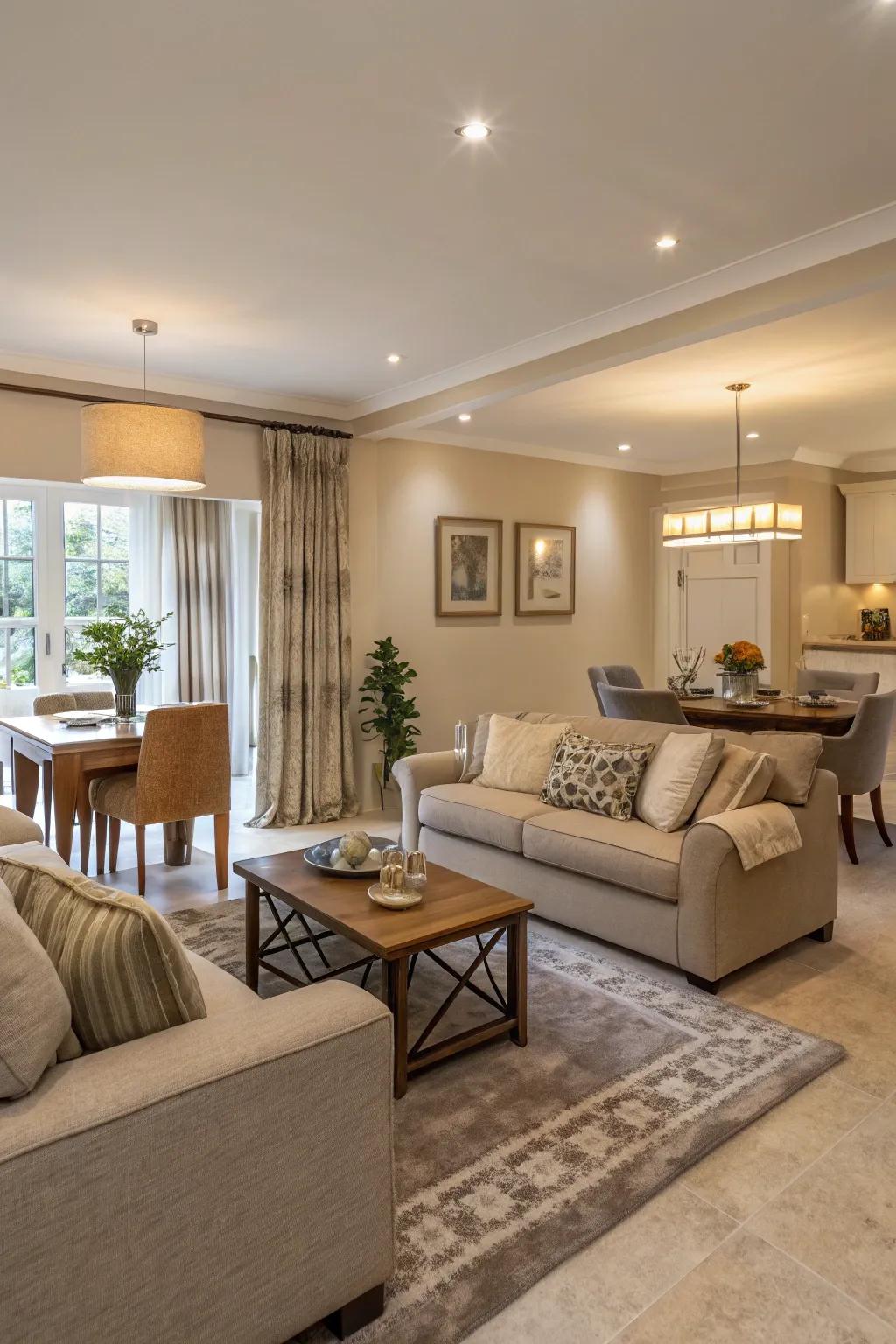 Strategic furniture arrangement distinguishes functional zones.