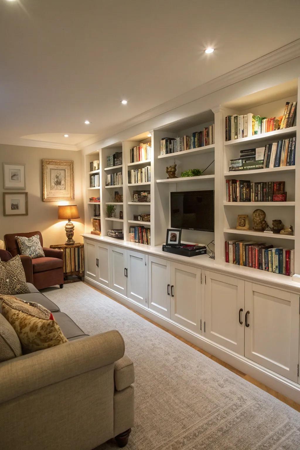 Bookshelves provide storage and flair along long walls.