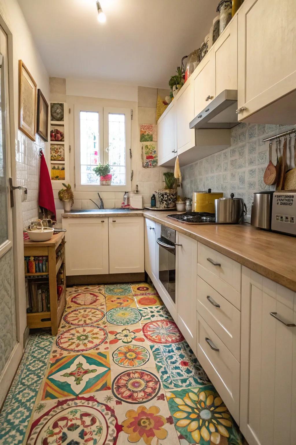 Patterned flooring gives a tiny kitchen a bold statement.