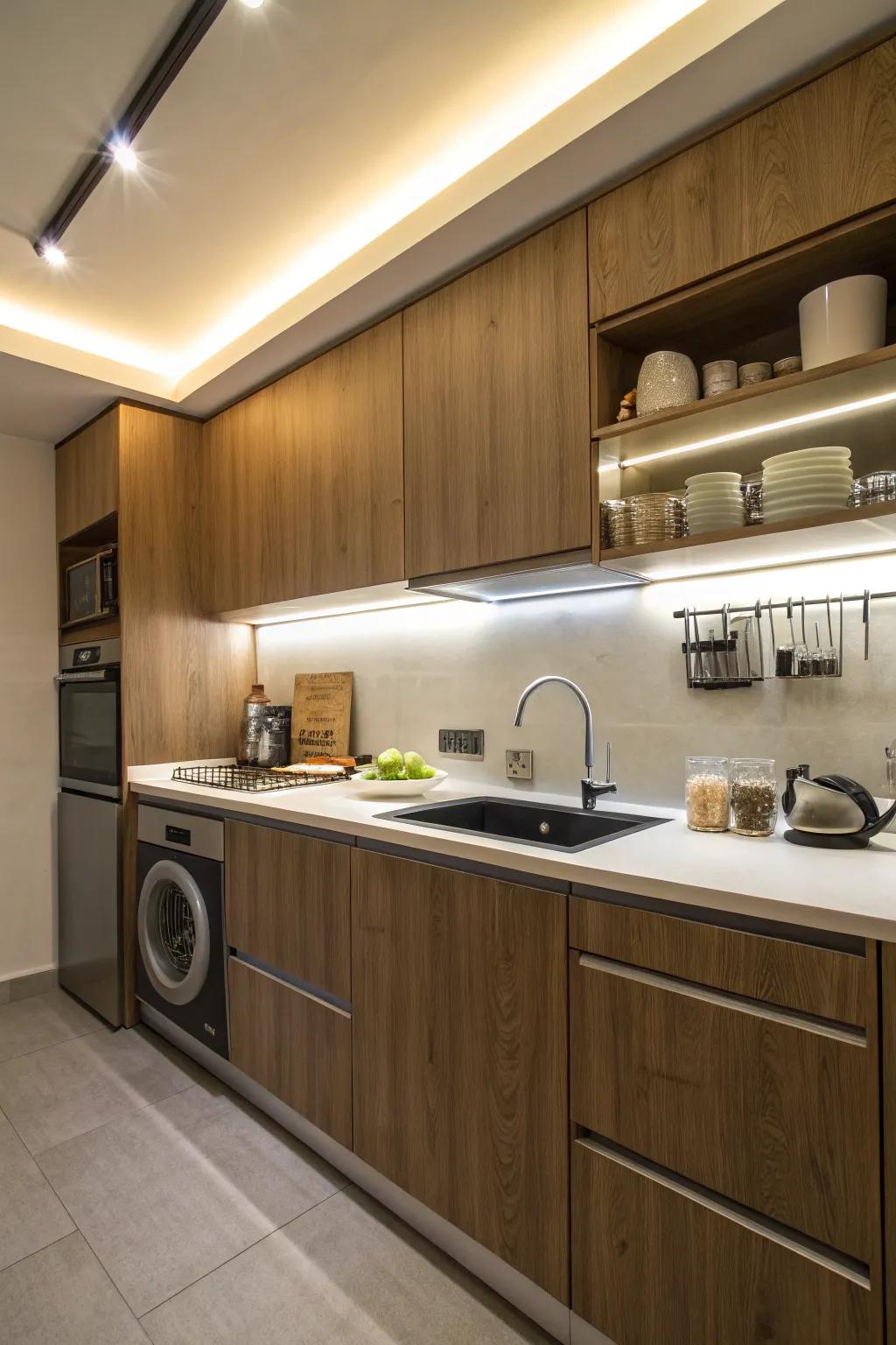 Integrated lighting effectively illuminates the workspace.