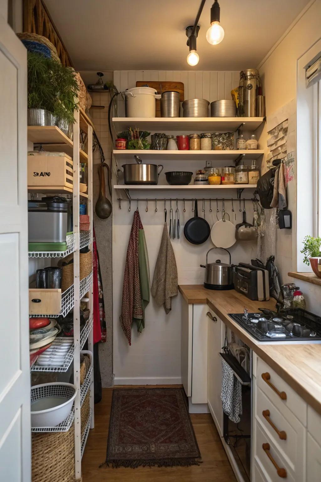 Utilizing vertical space with shelves and racks.