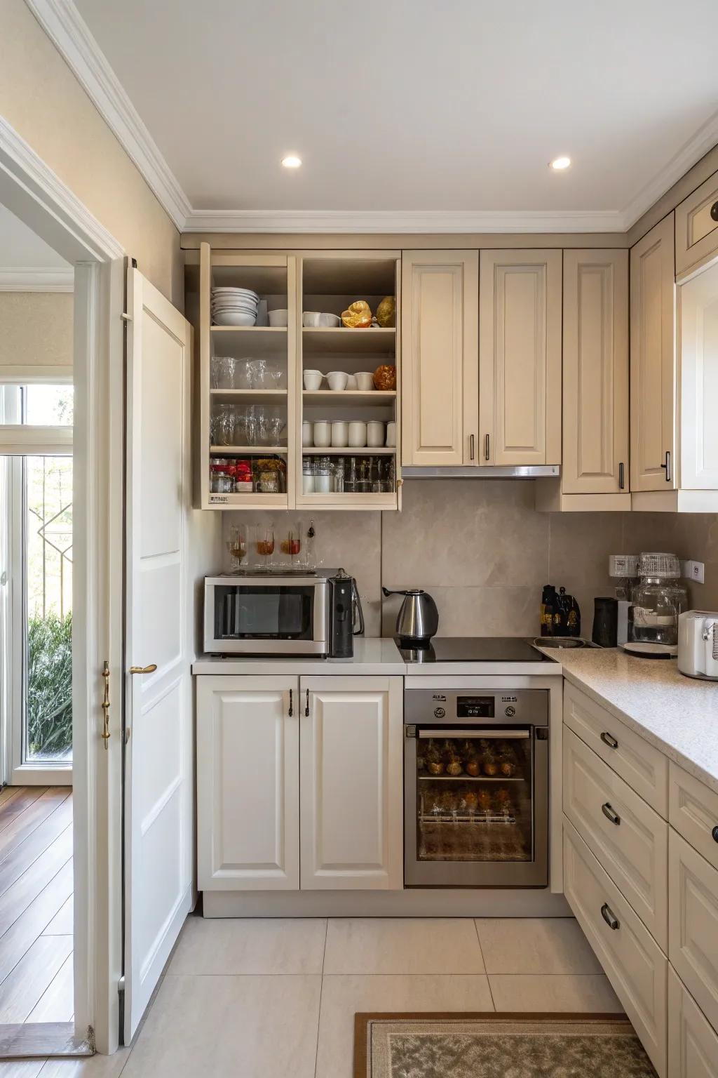 Hidden appliances maintain the kitchen's organized and sleek appearance.
