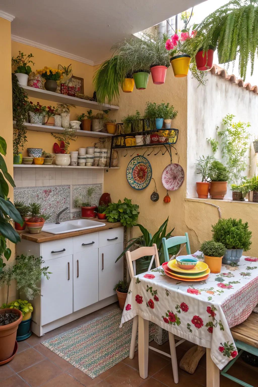 Decorative elements infuse a tiny kitchen with vibrancy and life.