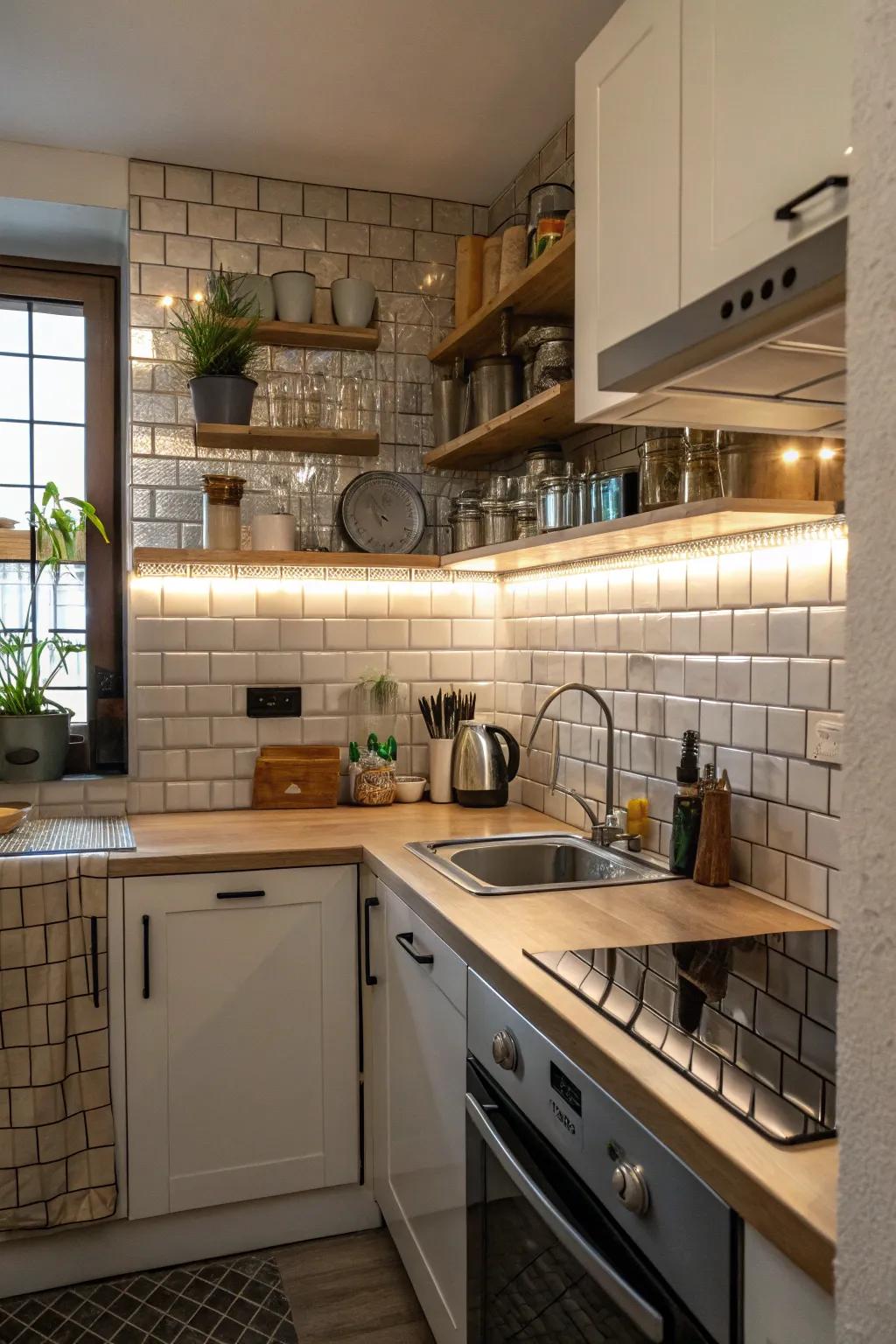 A reflective backsplash gives a tiny kitchen depth and light.