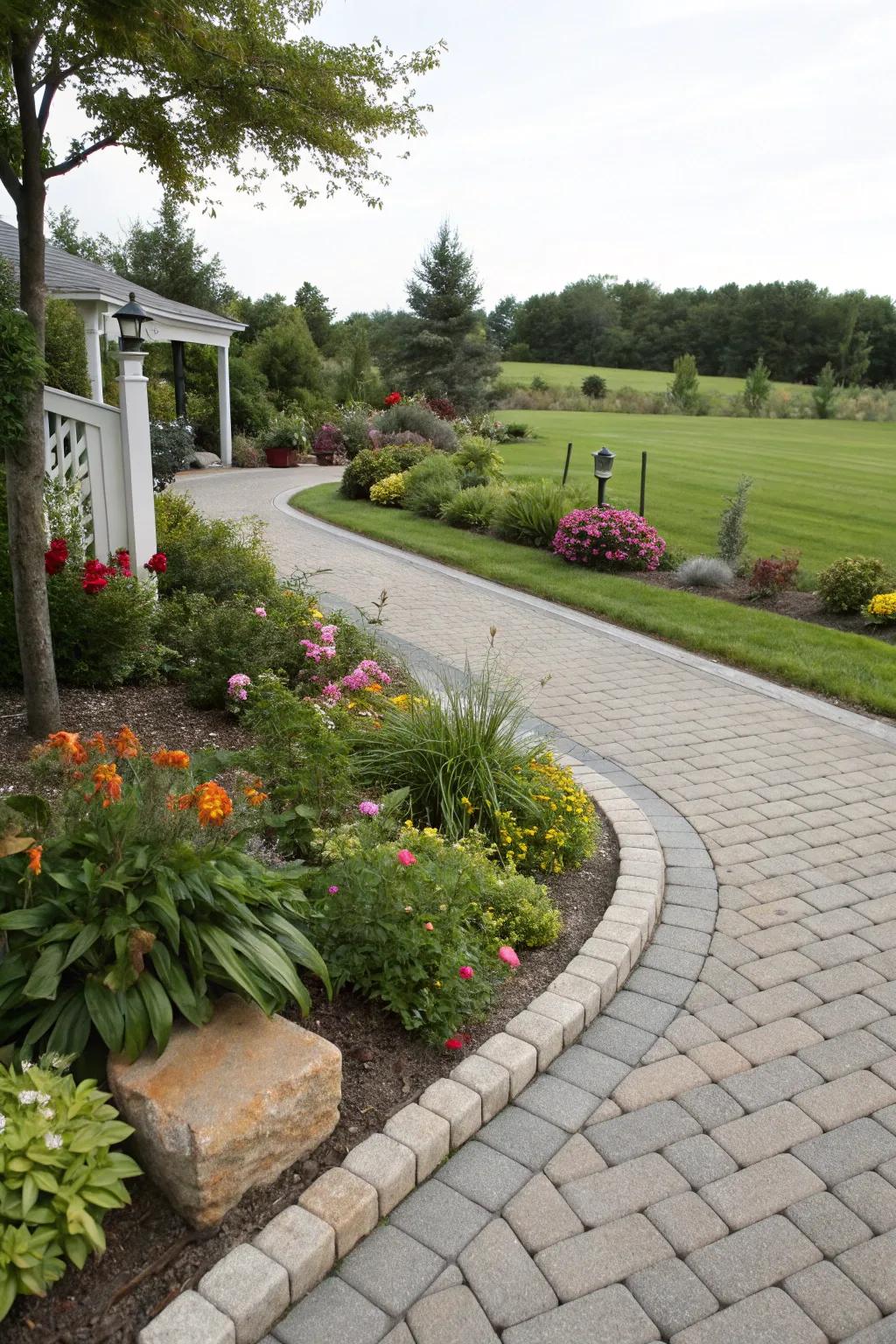 Fluid integration of paver design and garden borders for a harmonious appearance.