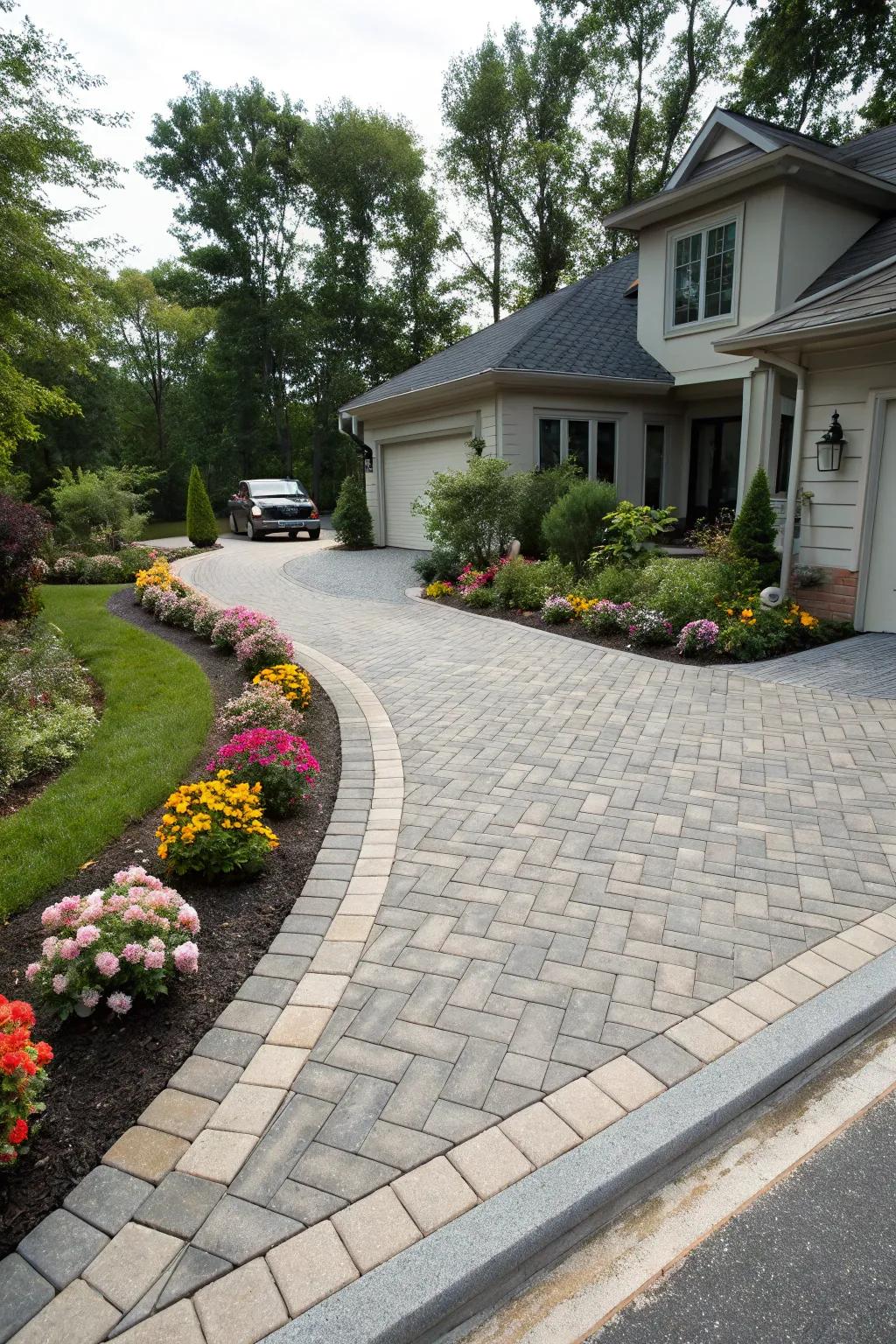 Classic herringbone paver design lending timeless charm to a contemporary driveway.