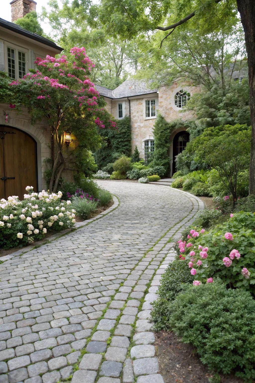 A countryside fieldstone driveway, infusing the home with character and charm.