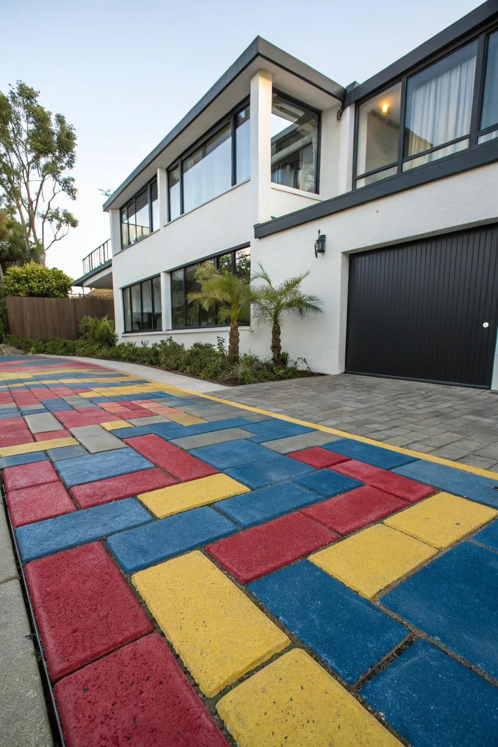 A driveway that distinguishes itself with vibrant, attention-grabbing paver colors.