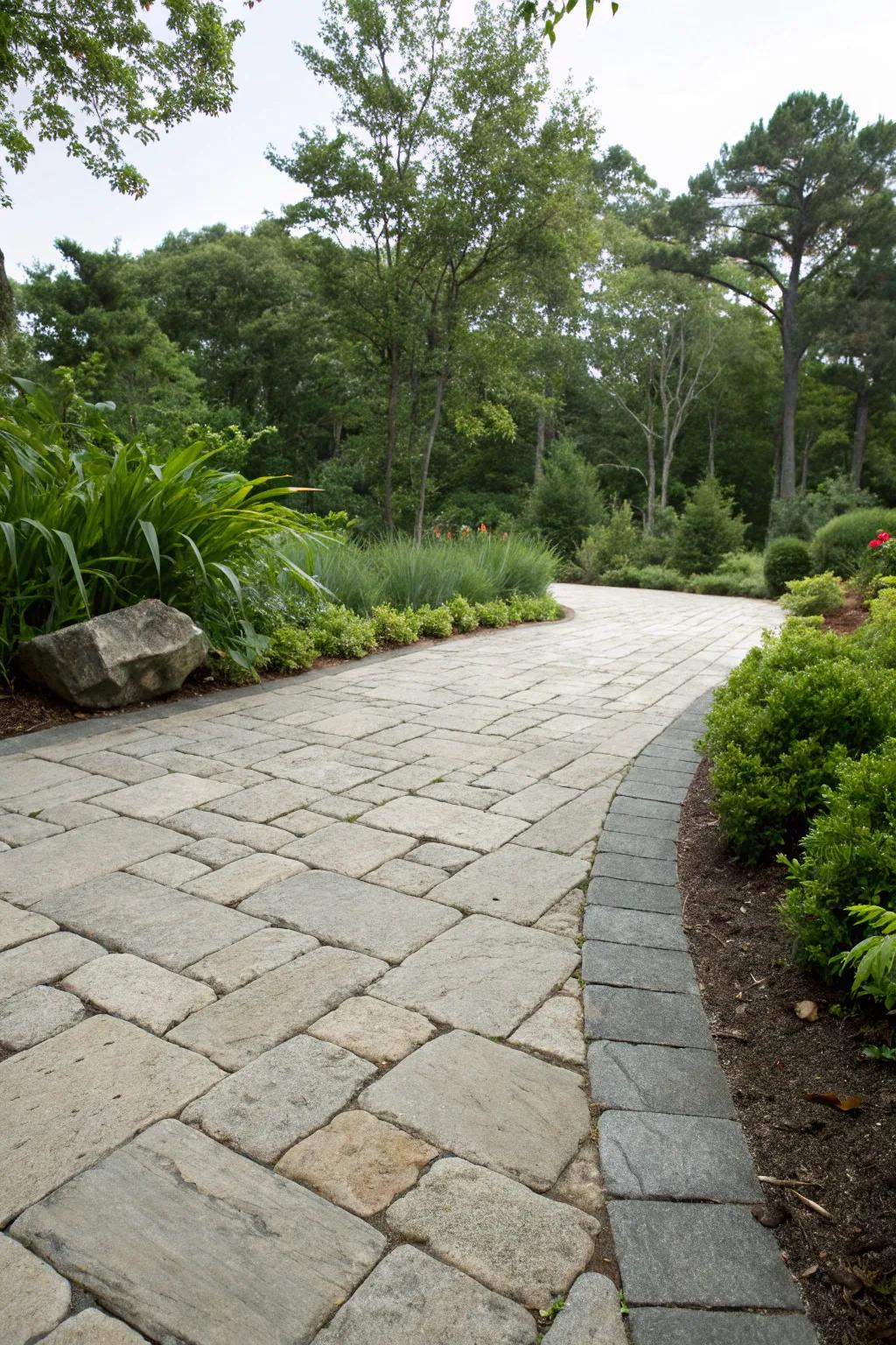 Timeless sophistication with unprocessed stone pavers in a lush setting.
