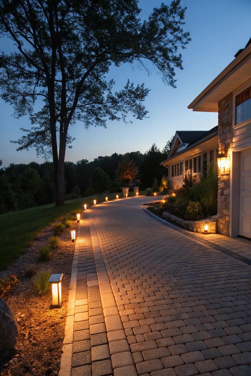 A captivating evening driveway with incorporated paver illumination.