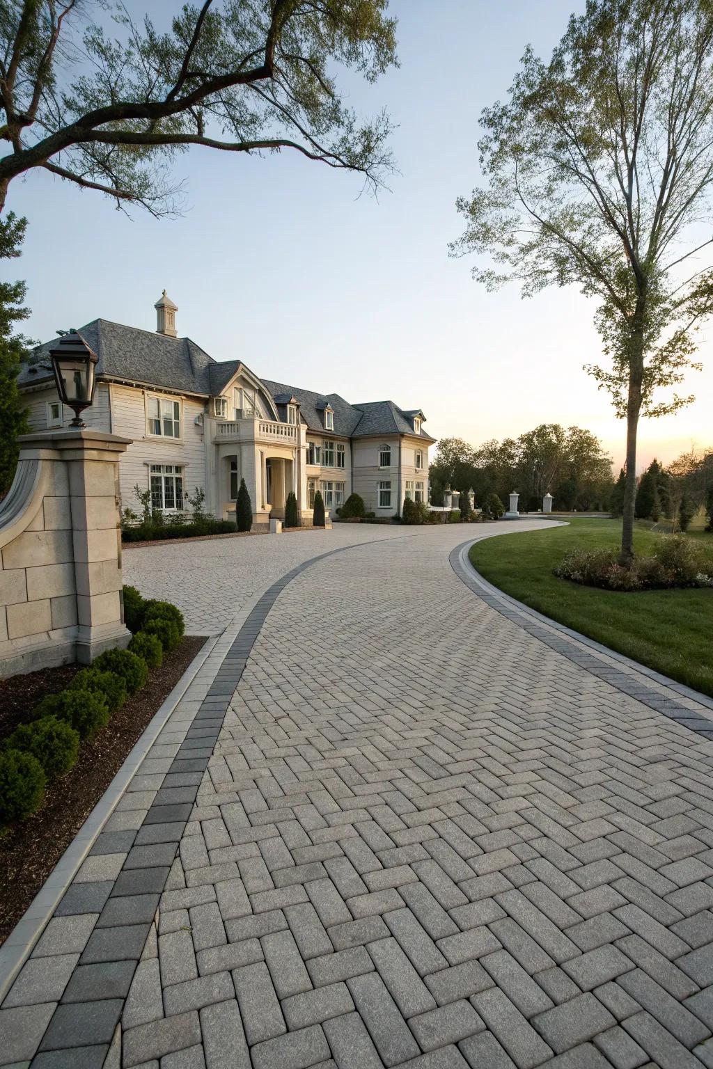 Order and balance with equilateral paver designs on a stately driveway.