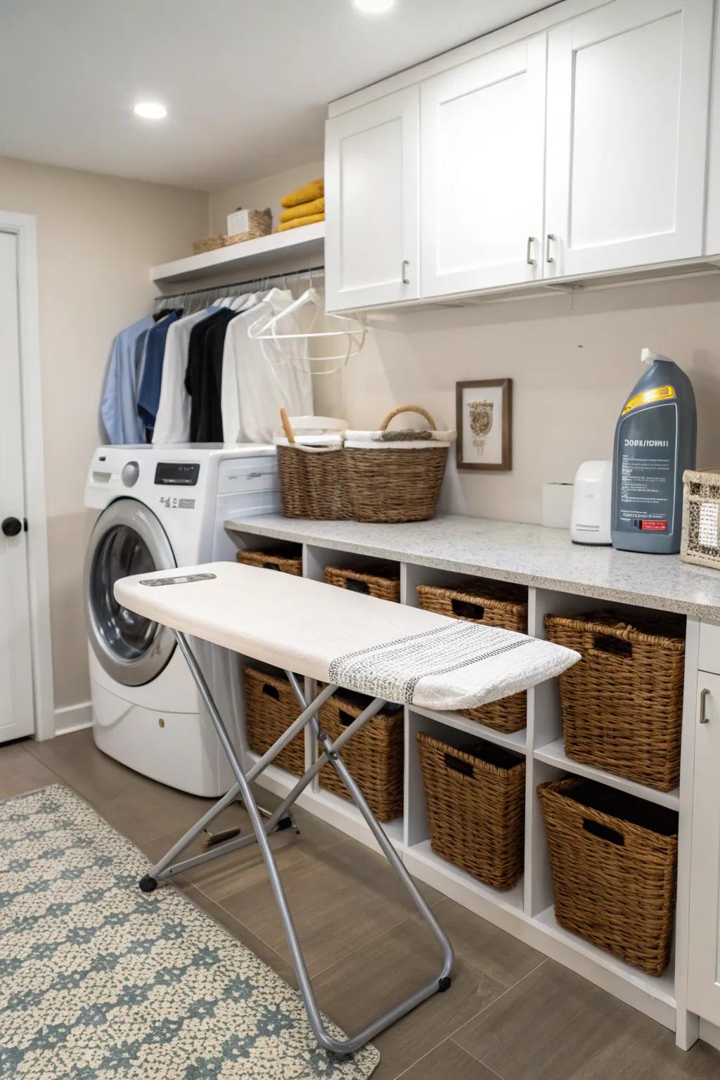 Space-saving and convenience are combined in an integrated ironing station.