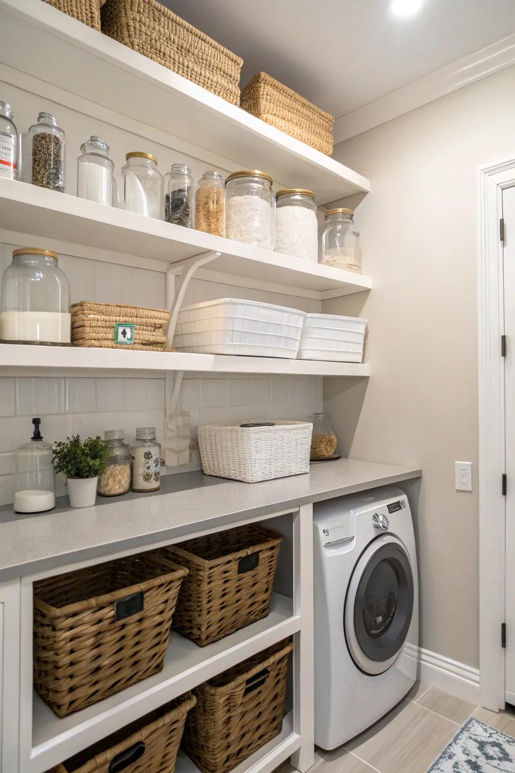 Your laundry room gains both style and ease of use with open shelving.