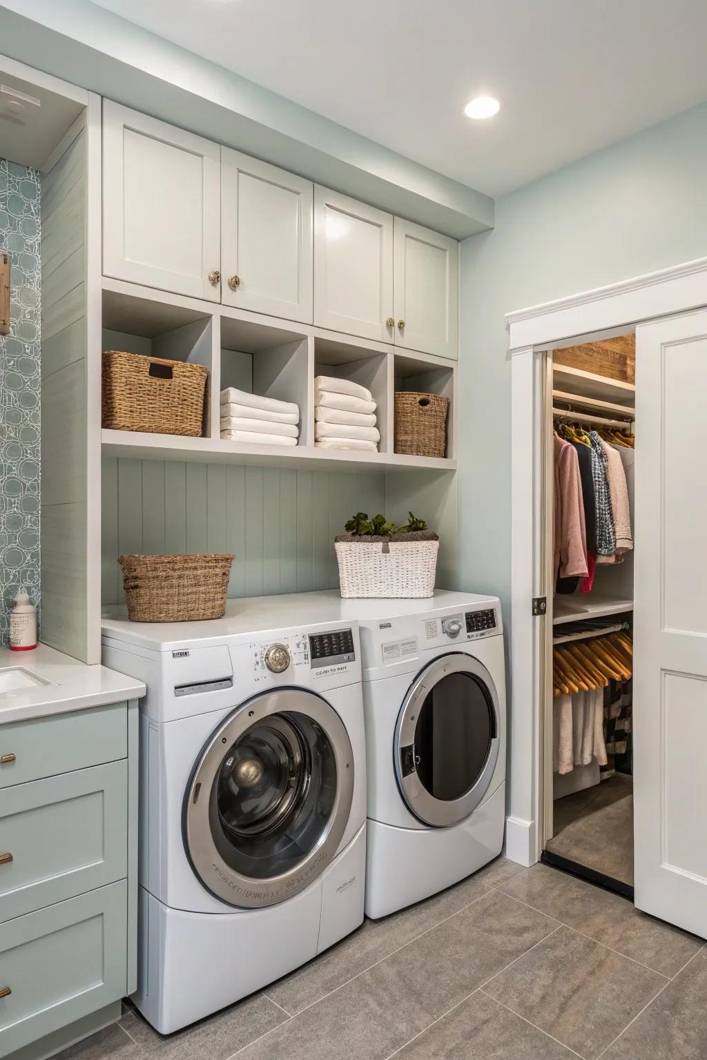 Your laundry room is kept tidy and organized with hidden storage.