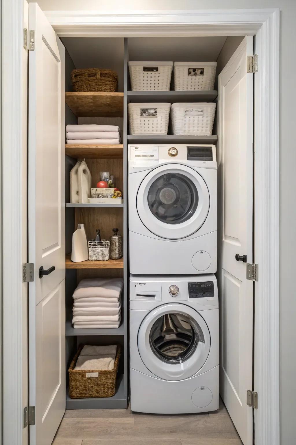 In a small laundry room, stacked equipment saves space.