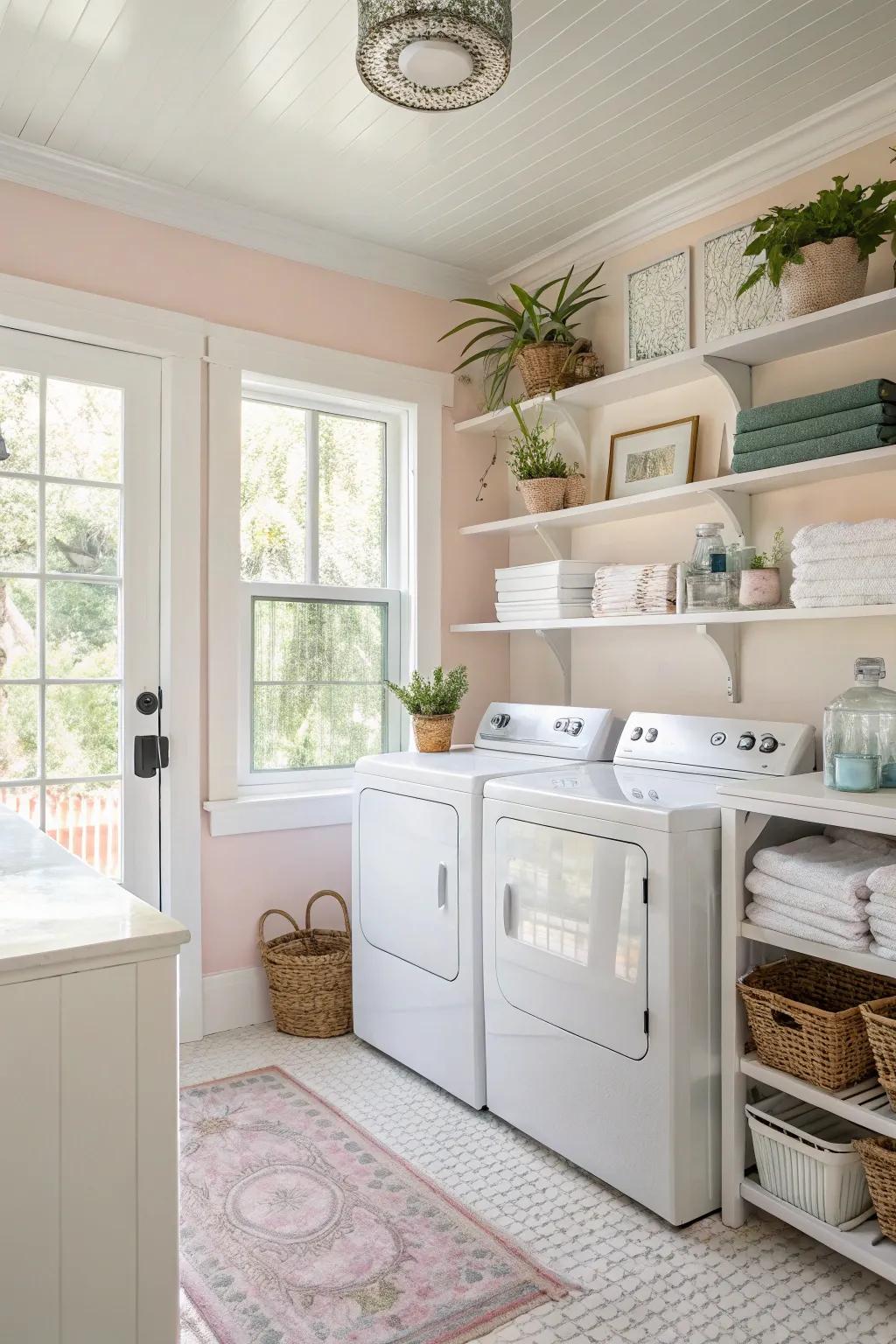 An open and airy atmosphere is created by light colors and natural light.