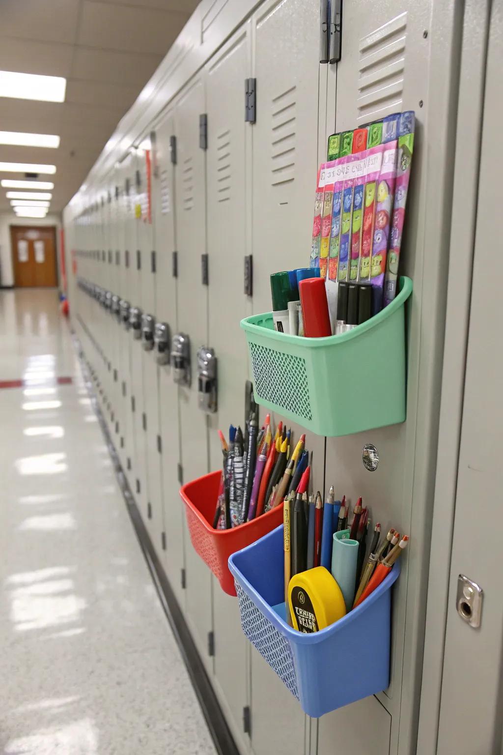 Magnetic organizers inside a locker, keeping items neatly arranged and easy to get to.