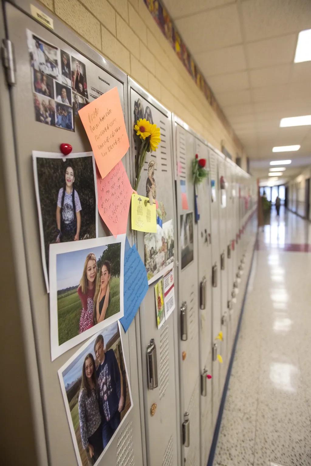 A locker decorated with personal photos and uplifting quotes for a personal touch.