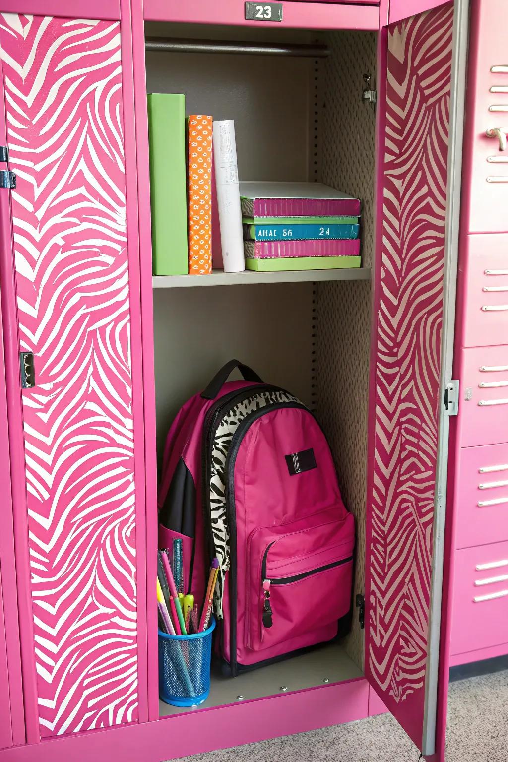 A locker filled with bright pink and zebra designs, injecting a cheerful vibe.