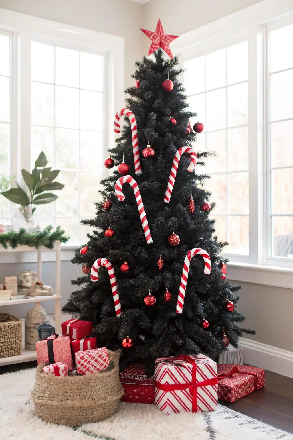 A whimsical black tree with oversized ornaments.