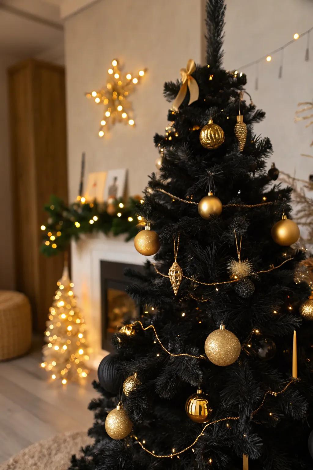 A black tree amplified with gold ornaments for an opulent vibe.