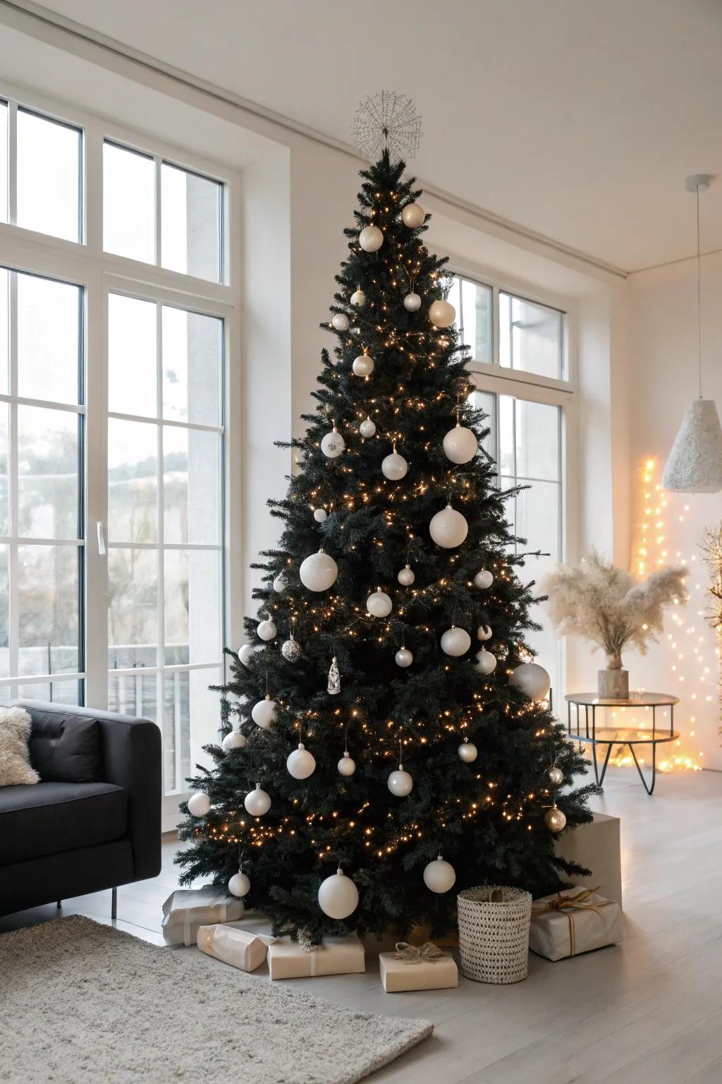 A chic black Christmas tree highlighted with white ornaments.