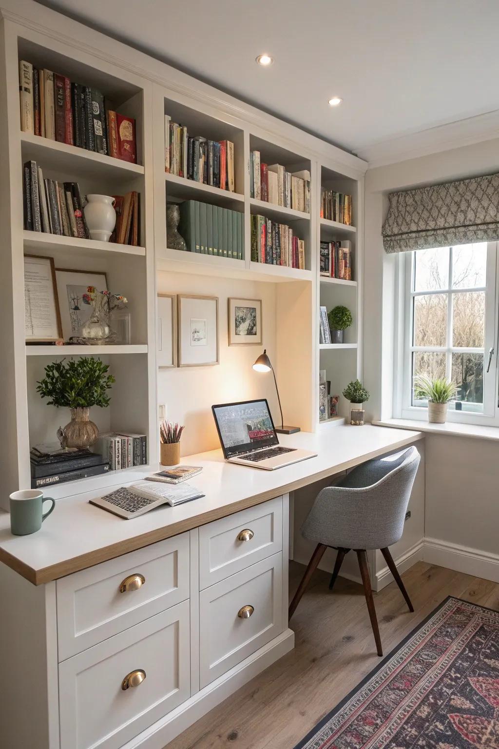 A stylish home office with an integrated desk and bookshelf.