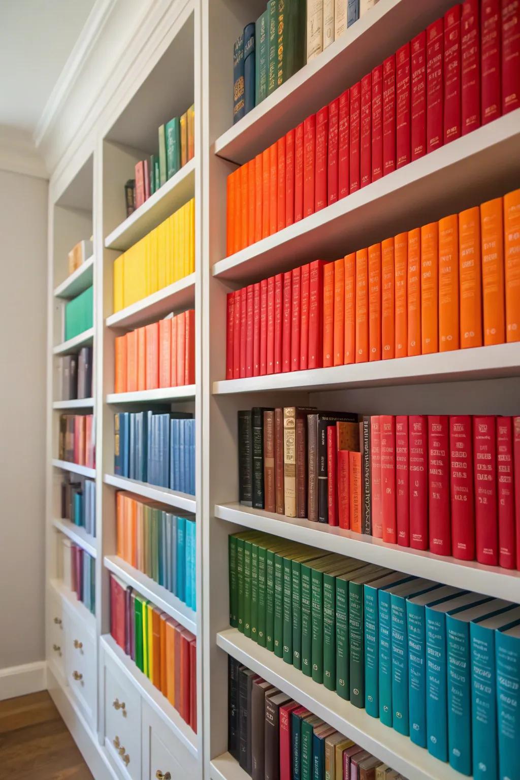Color-coordinated bookshelves create a stunning visual impact.