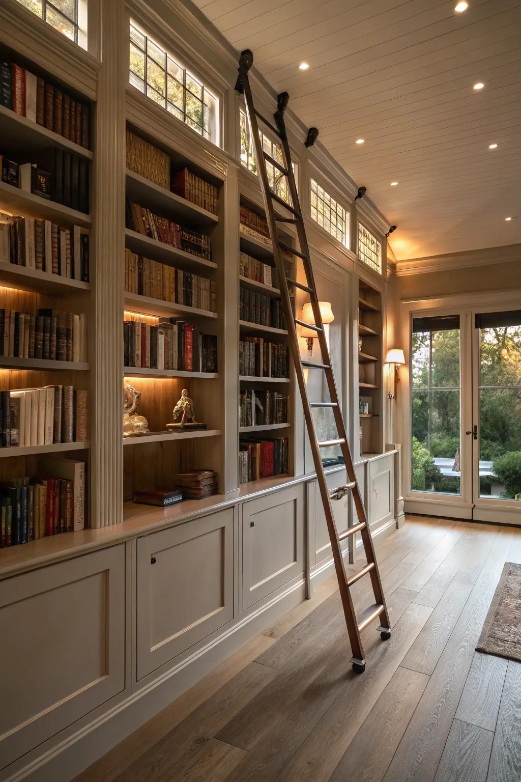 A rolling ladder adds charm and accessibility to tall bookshelves.
