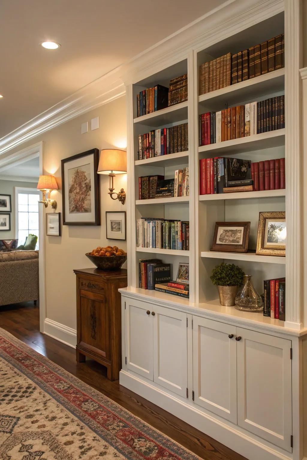 Art pieces add a personal touch to these stylish bookshelves.