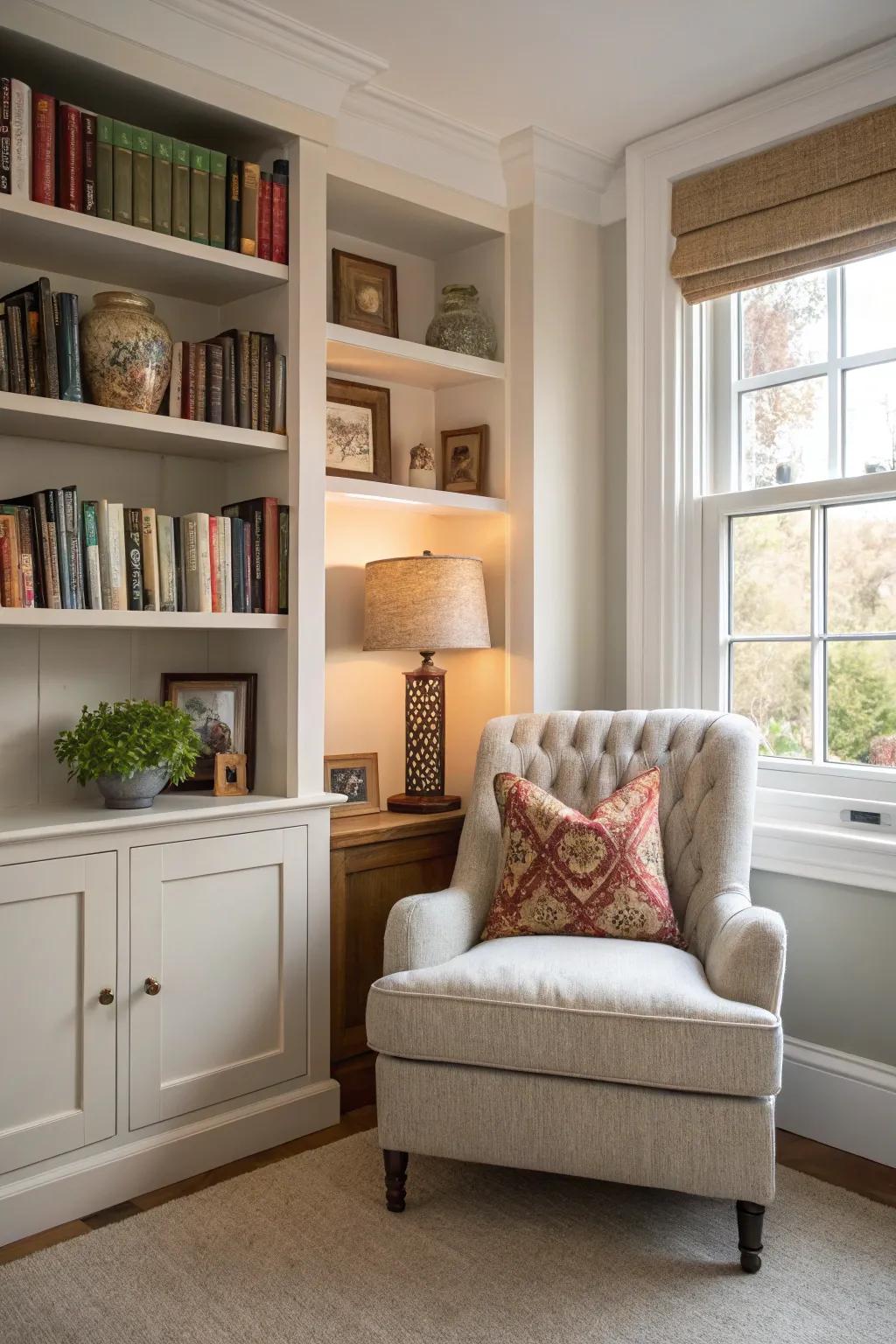 A corner bookshelf turns an underutilized area into a cozy reading retreat.