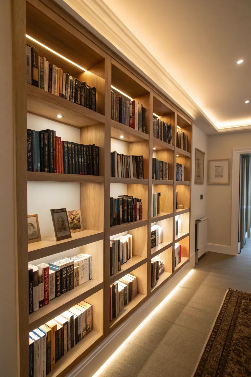 Integrated lighting adds warmth and highlights your book collection.