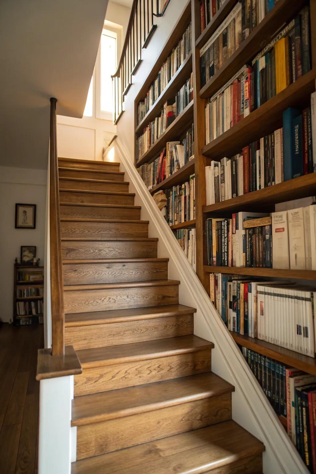 A smart use of space with bookshelves nestled under the stairs.