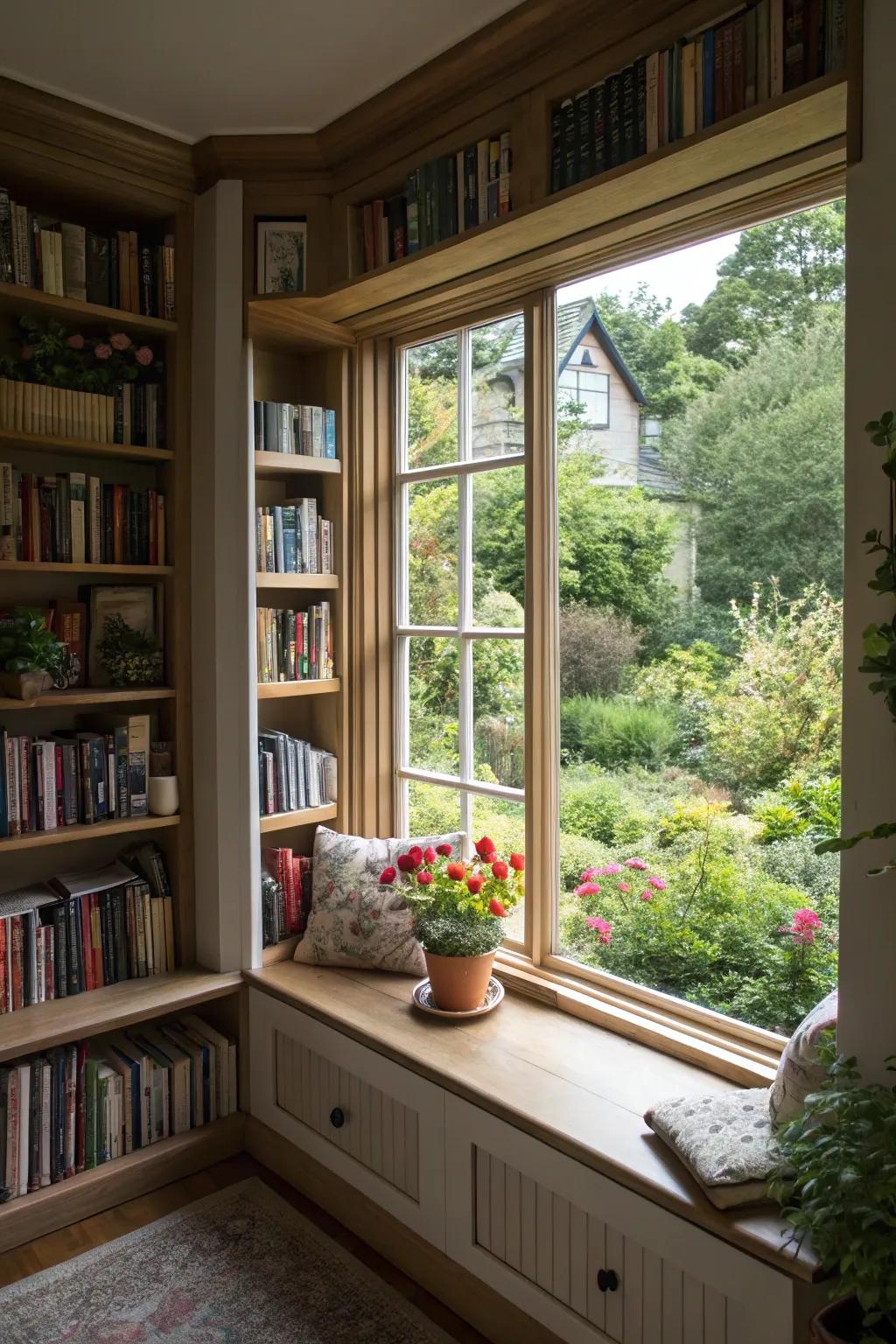 A tranquil reading spot with a view, thanks to a bay window bookshelf.