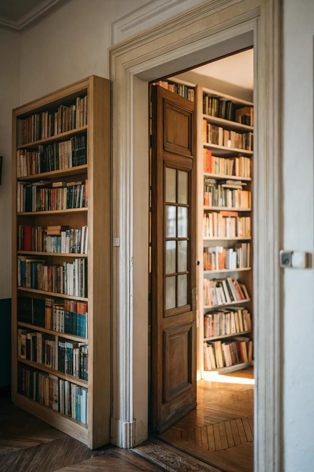 Doorway-framing bookshelves elegantly connect spaces.
