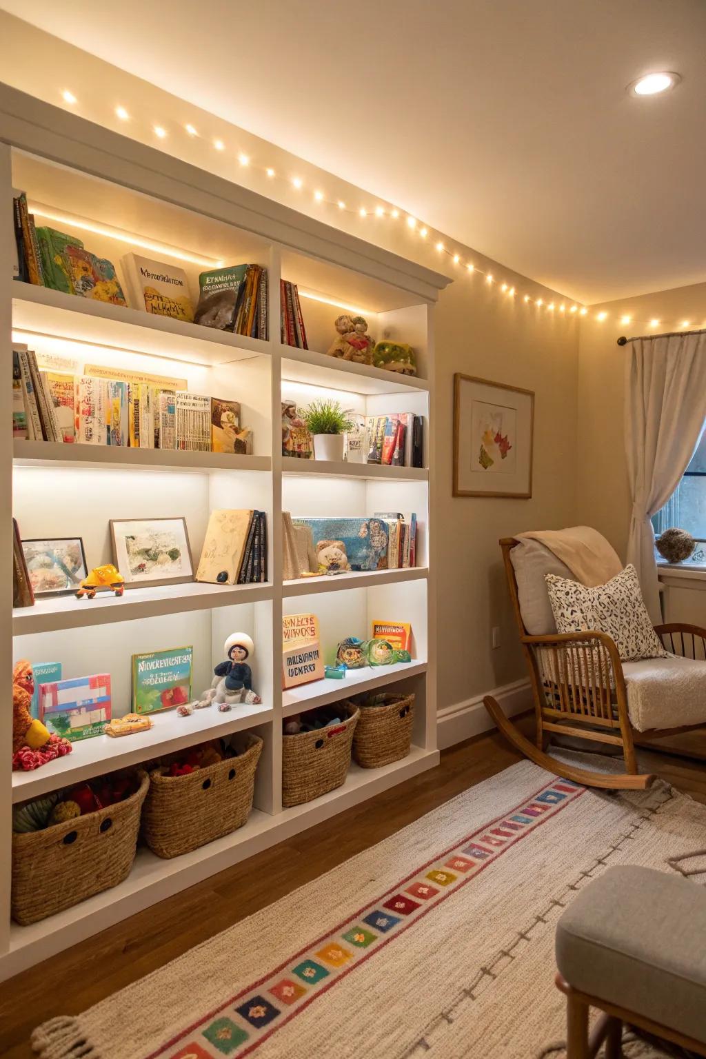 Built-in bookshelves add a playful touch to a nursery.