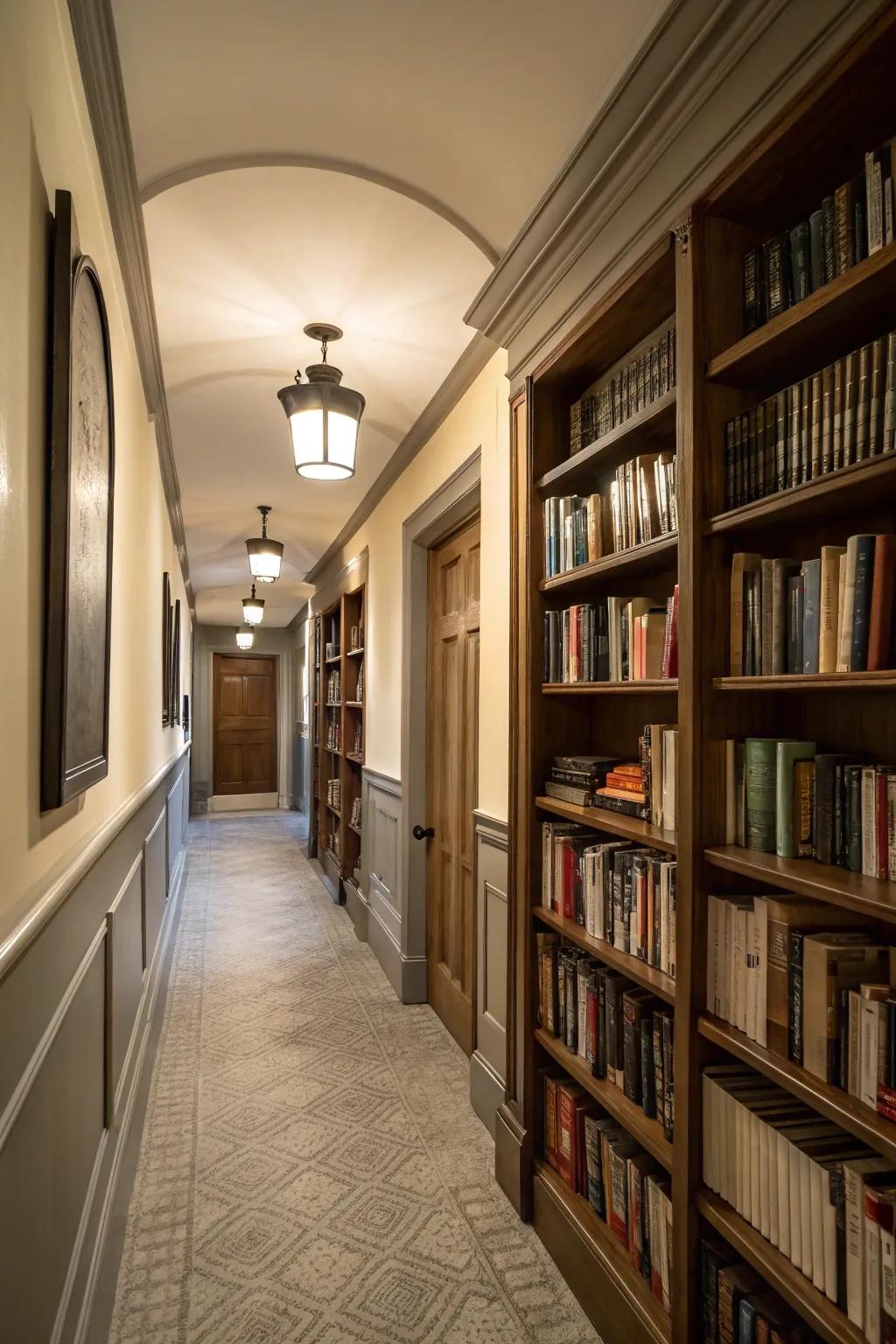 Slim bookshelves transform a hallway into a functional space.