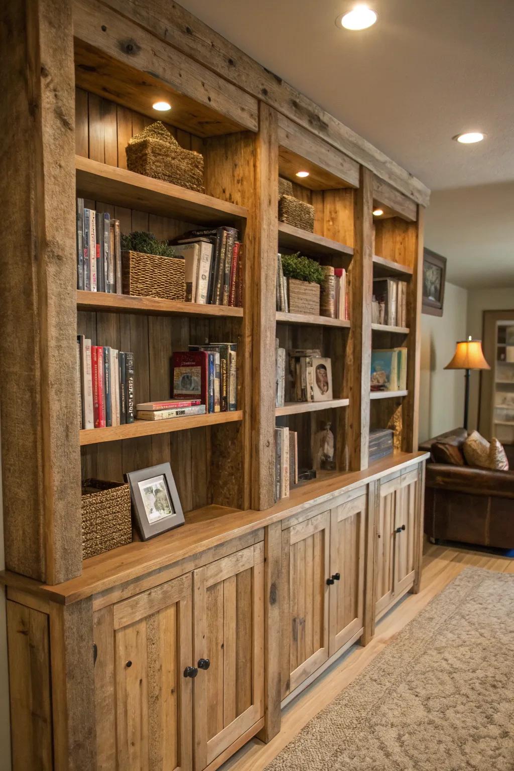 Reclaimed wood adds rustic charm and warmth to bookshelves.
