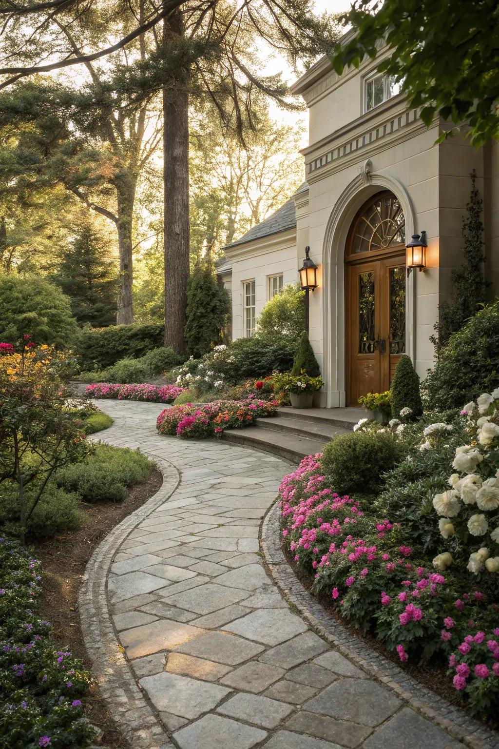 A stone path that gracefully directs visitors to the entrance.