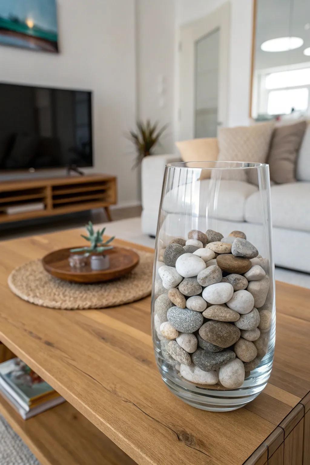 Design a calming sanctuary with smooth pebbles in your vase.