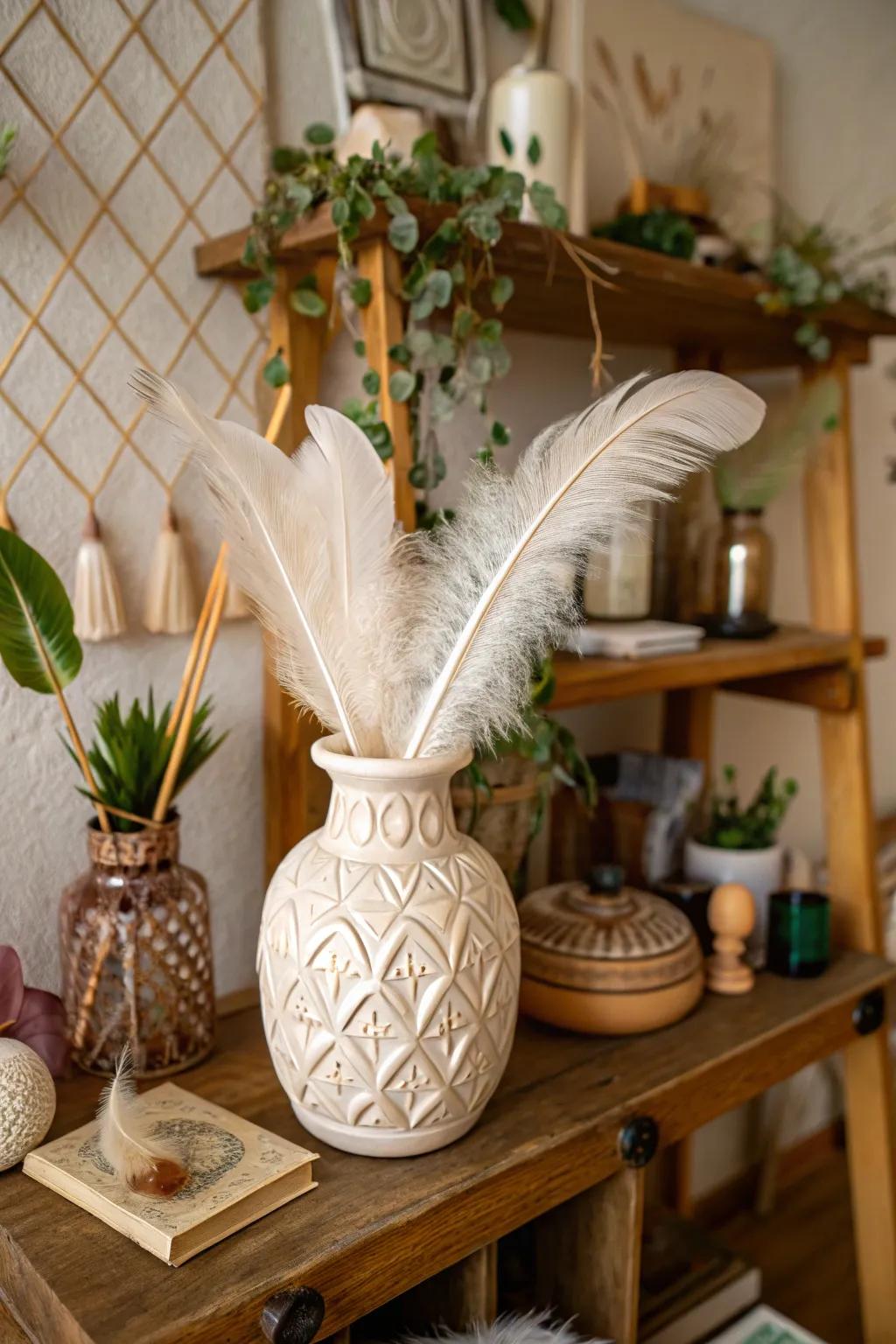 Introduce whimsy with feathers as vase additions.