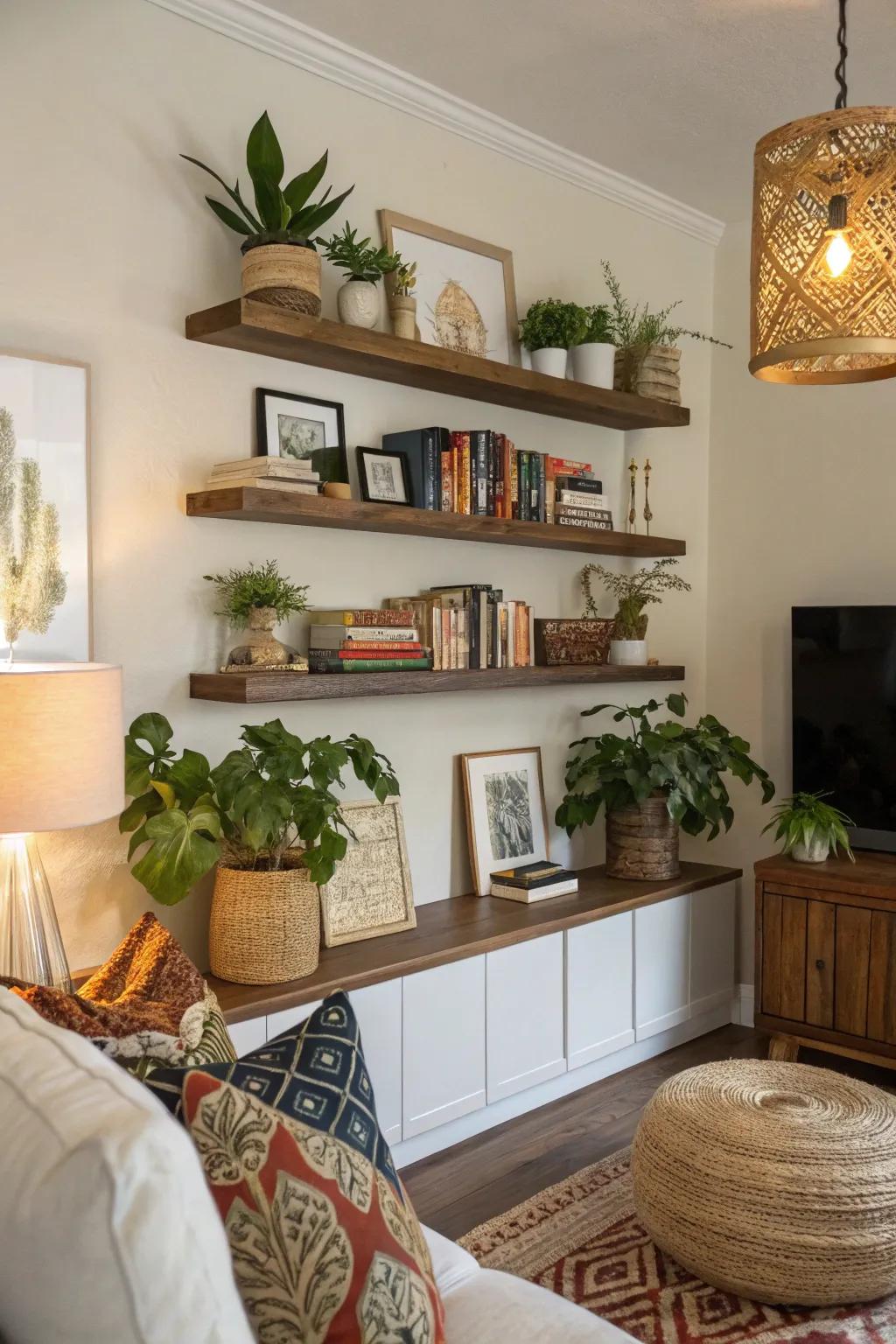 Bring in depth and visual interest with floating shelves.