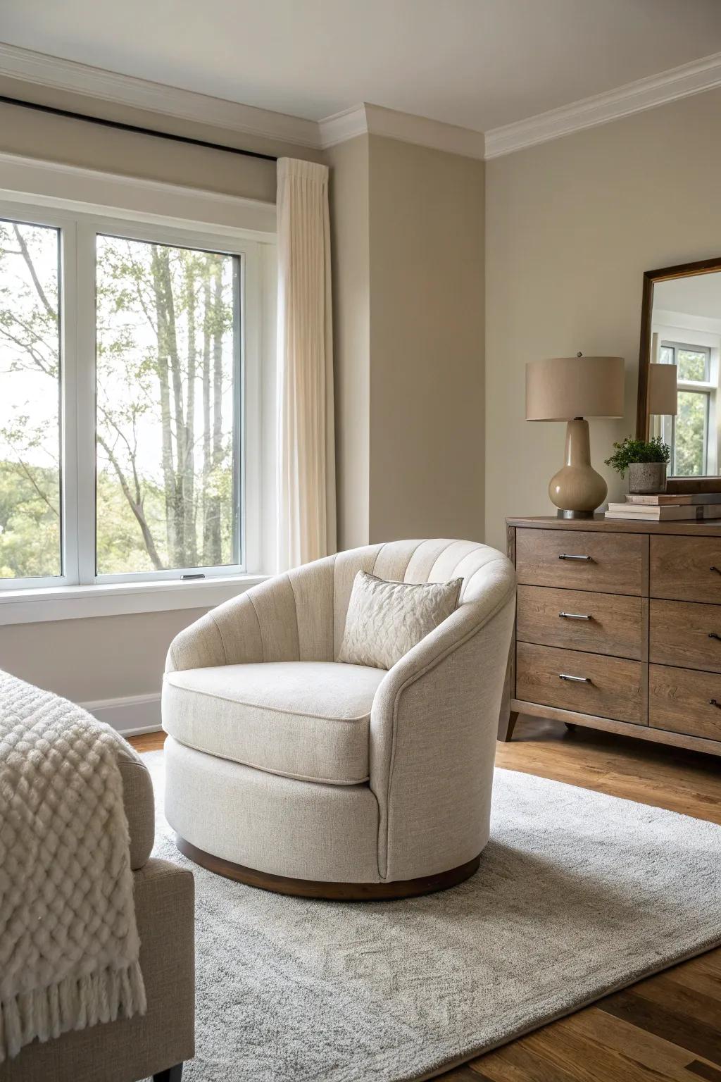 Barrel chairs offer a cozy and modern seating style.