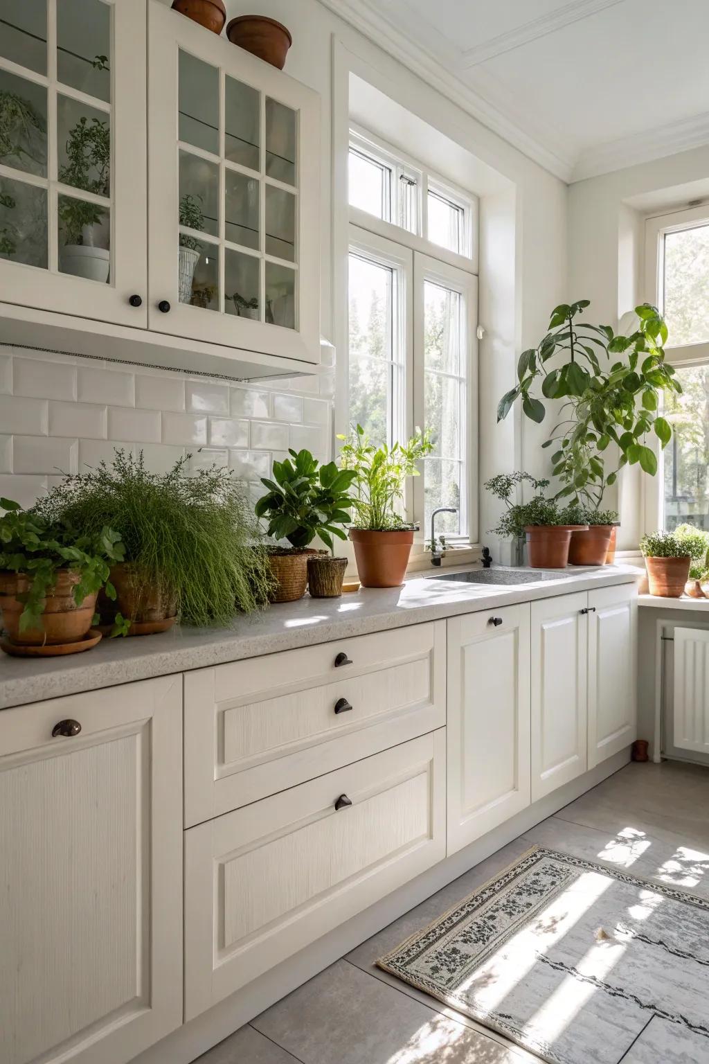 For white kitchen cabinets, organic features contribute both warmth and vitality.