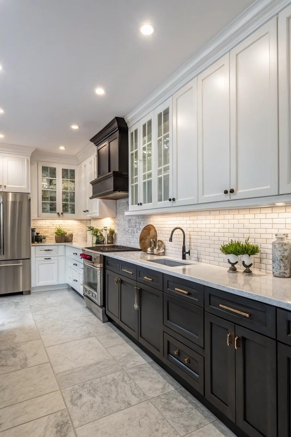The contrast in style in dual-tone cabinets can be felt in the kitchen.