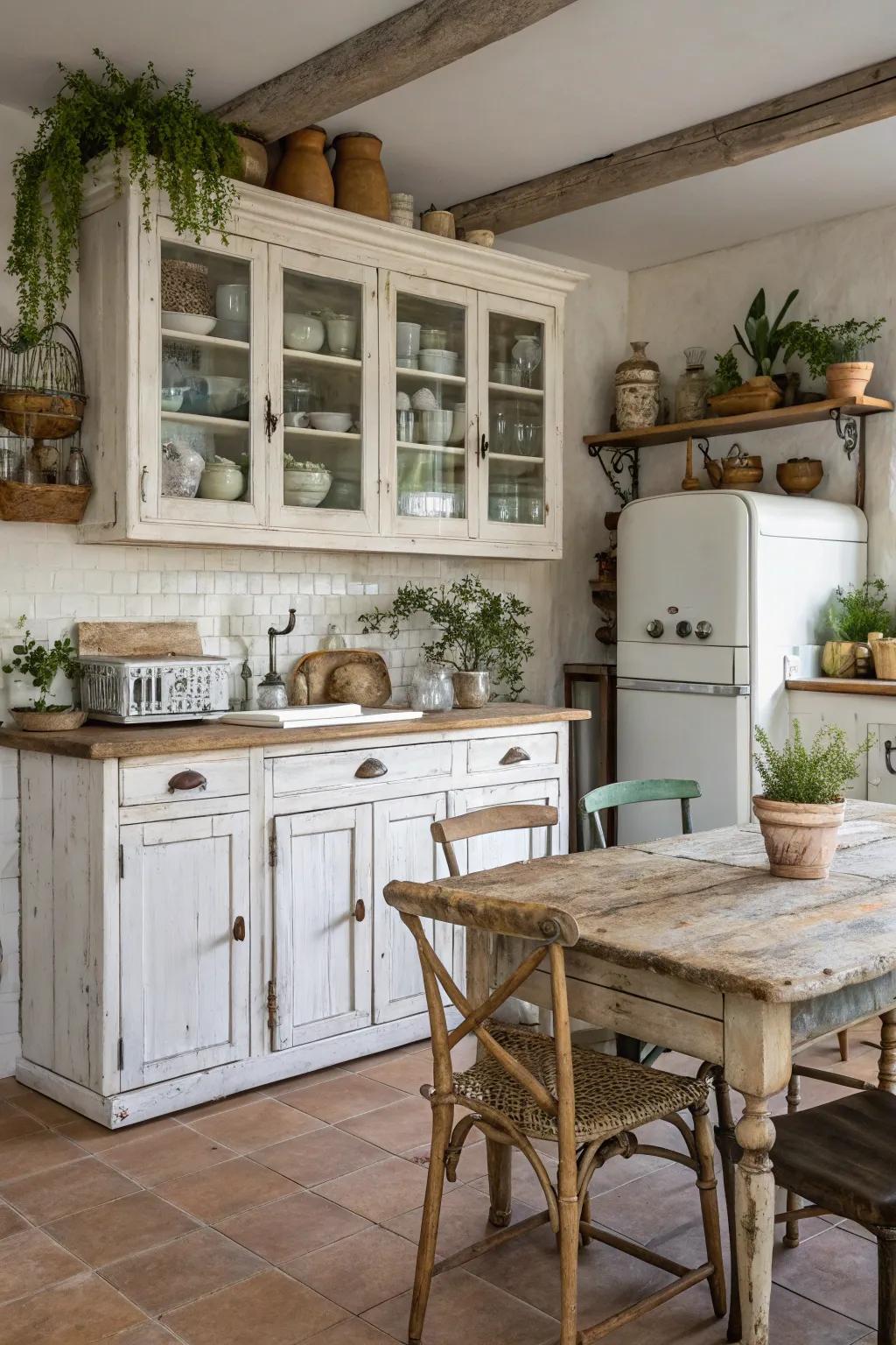 For distressed white cabinets, the rustic charm element provides comfort.